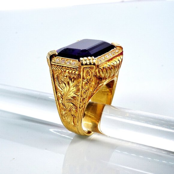 Gold-Diamond Bishop Ring, Oversized amethyst ring, Rectangular  amethyst ring - Picture 8 of 10